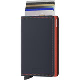 Secrid Slimwallet in matte night blue and orange with front card slots, showcasing its compact, stylish wallet design.