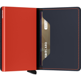 Secrid Slimwallet in matte night blue and orange, semi-open showing card slots and sleek compact design.