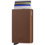 Secrid Slimwallet with Saffiano caramel leather, front view showing card slots and sleek compact design