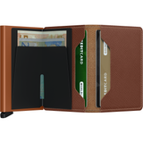 Open Secrid Slimwallet in Saffiano Caramel showing card slots and sleek design, compact leather wallet for cards and cash.