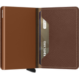 Secrid Slimwallet in Saffiano caramel leather, semi-open view showing compact design and card slots.