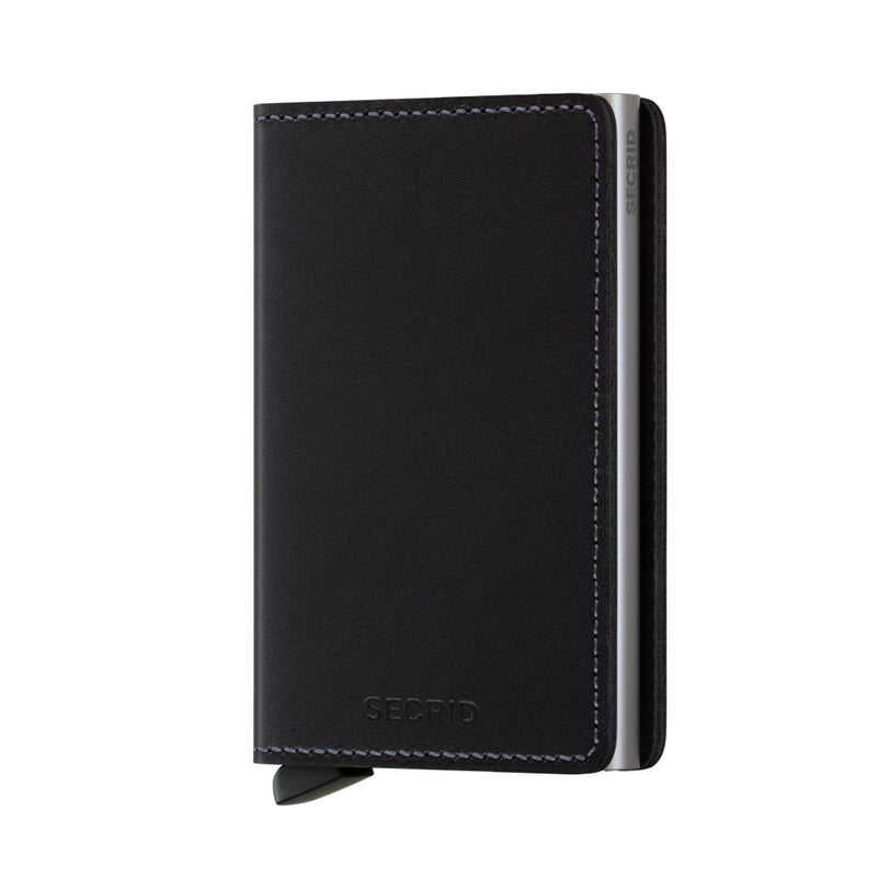 Secrid Slimwallet in black showing front view with sleek, minimalist design and card slots for organized storage.