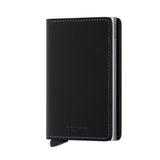 Secrid Slimwallet in black showing front view with sleek, minimalist design and card slots for organized storage.