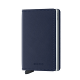 Secrid Slimwallet in navy blue featuring a sleek design with card slots and secure metal card protector.