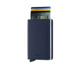 Secrid Slimwallet in navy with front view showing card slots and sleek design, compact leather wallet for cards and cash.
