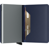 Secrid Slimwallet in navy, semi-open view showing compact leather wallet with card slots and secure design.
