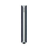 Secrid Slimwallet in navy with sleek design and card slots, displayed from the side showing its compact profile and modern style.