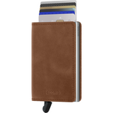 Secrid Slimwallet in vintage cognac with silver accents, showing front view with visible card slots and sleek design.
