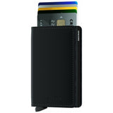 Secrid Slimwallet in black showing front view with card slots and sleek design. Compact leather wallet for cards and cash.