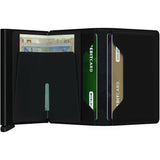 Secrid Slimwallet in black open showing card compartments and sleek design, compact leather wallet for cards and cash.
