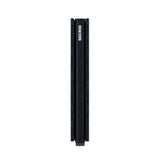 Black Secrid Slimwallet shown from the side, compact leather wallet with card slots and modern design.
