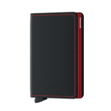 Secrid Slimwallet in matte black and red with card slots and sleek compact design, showcasing its modern style and functionality.