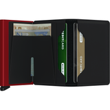 Secrid Slimwallet in matte black and red, open to show card slots and compact design, made by Secrid.