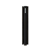 Secrid Slimwallet in black, showing the sleek, compact design with card slots and metal construction on the side.