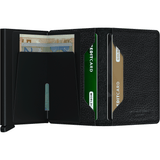 Secrid Slimwallet with black leather exterior, open to show card slots and secure design, compact and stylish wallet for everyday use.