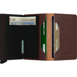 Secrid Slimwallet in espresso brown, open to show compact design and card storage, made of sleek leather material.
