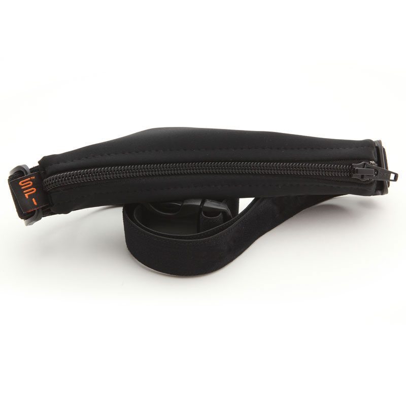 Black SPIbelt money belt with waterproof accessory for secure storage during activities.