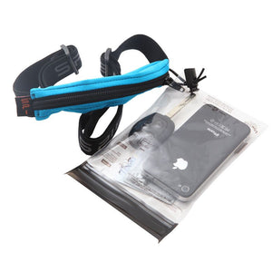 Black SPIbelt money belt with waterproof accessory, designed for secure storage during activities
