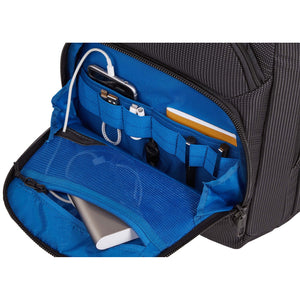Thule Crossover 2 20L backpack with padded shoulder straps, multiple compartments, and durable black nylon material.