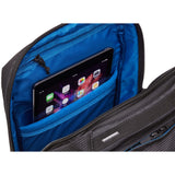 Thule Crossover 2 20L backpack showing a sleek black design with padded shoulder straps and a front zippered pocket.