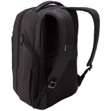 Thule Crossover 2 30L backpack with multiple compartments, black fabric, padded shoulder straps, and front organization panel.