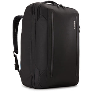 Thule Crossover 2 convertible carry-on luggage with multiple compartments and durable design, shown in a sleek black finish.