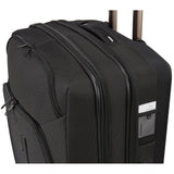 Black Thule Crossover 2 Carry-On Spinner luggage with four wheels and telescoping handle, designed for travel convenience.