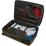 Black Thule Crossover 2 Carry-On Spinner luggage with four wheels and a telescoping handle, designed for travel convenience.