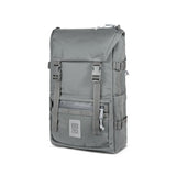 Charcoal Topo Designs Rover Pack Tech backpack with multiple compartments and padded straps, designed for outdoor and daily use.