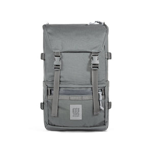 Charcoal Topo Designs Rover Pack Tech backpack with padded shoulder straps and multiple compartments, ideal for outdoor or daily use