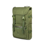 Olive green Topo Designs Rover Pack Tech backpack with multiple compartments and padded shoulder straps, suited for outdoor adventures.