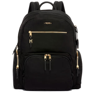 Tumi Voyageur Carson Backpack in black with multiple compartments and padded shoulder straps, designed for travel and everyday use.