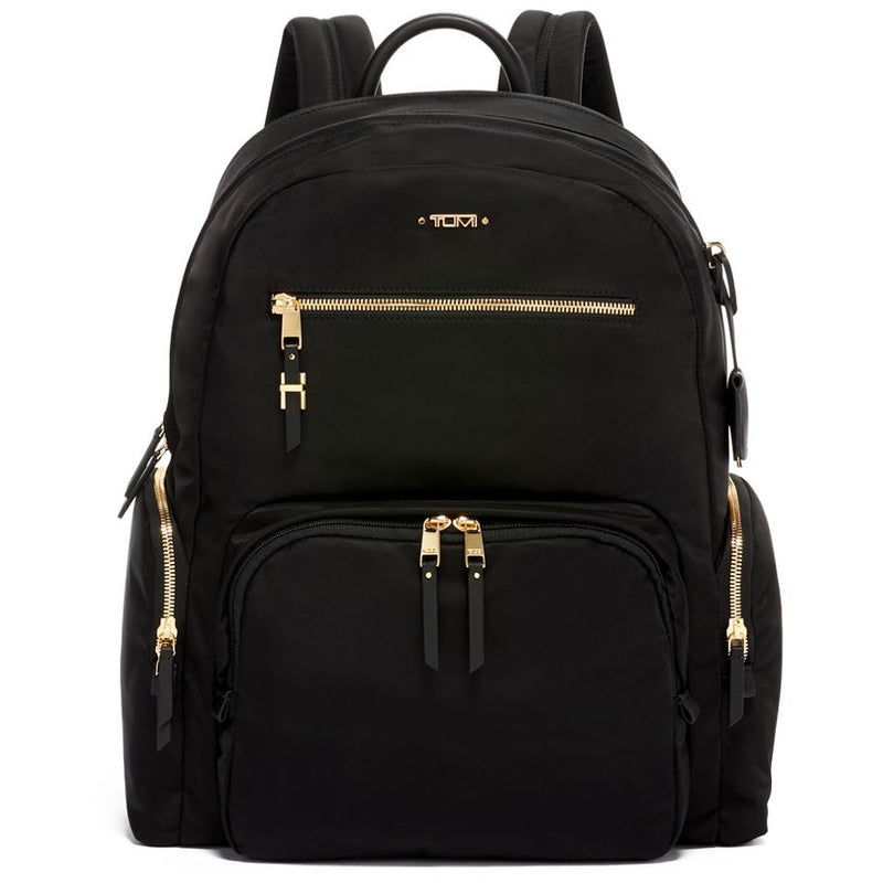 Tumi Voyageur Carson Backpack in black with multiple compartments and padded shoulder straps, designed for travel and everyday use.
