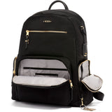 Tumi Voyageur Carson backpack with multiple compartments and padded straps, made of durable fabric in a sleek design.