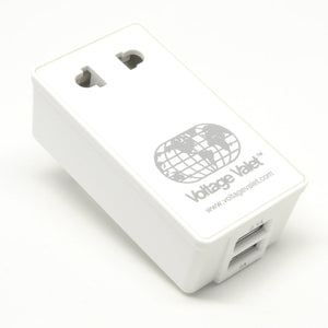 Voltage Valet adaptor plug with 2 USB ports for North, Central, and South America, featuring universal socket and compact design.
