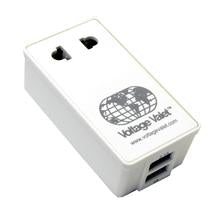 Voltage Valet adaptor plug with 2 USB ports, suitable for Australia, New Zealand, and China, featuring a compact design.